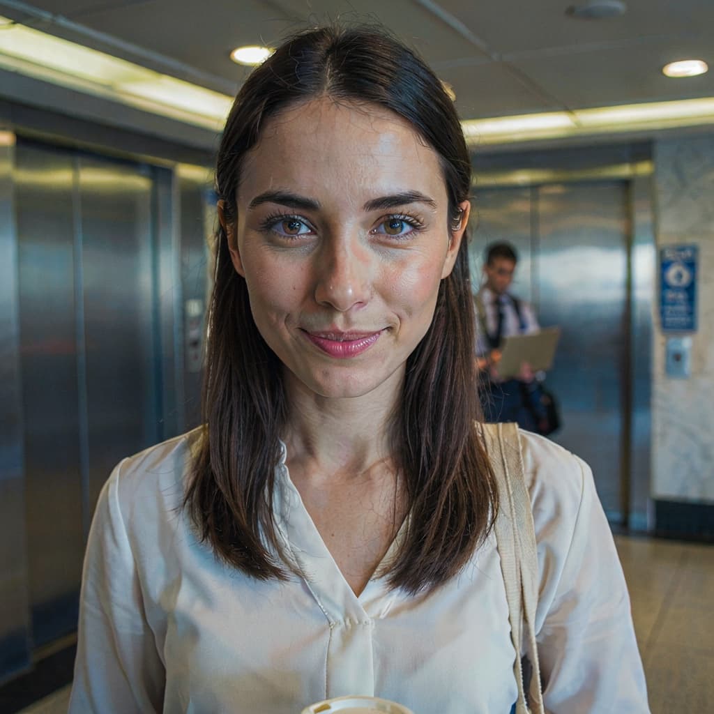 Office lobby selfie of a female employee before corporate headshot generation