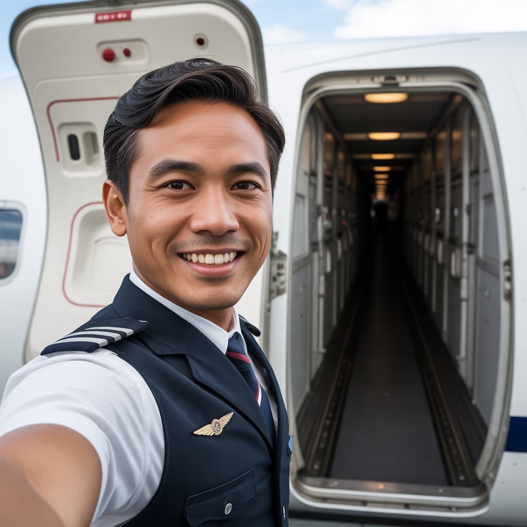 Boarding door selfie of a male flight attendant before headshot generation