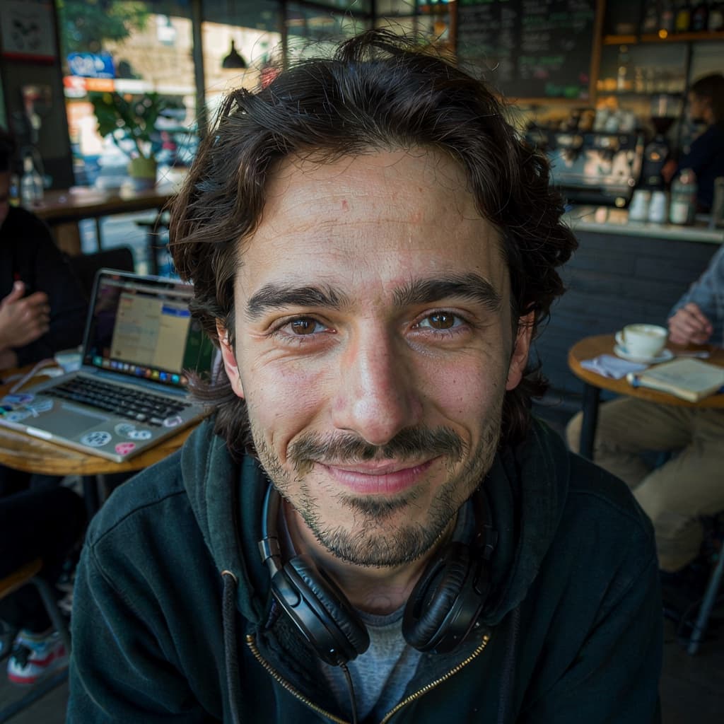 Cafe selfie of a male freelancer before headshot generation