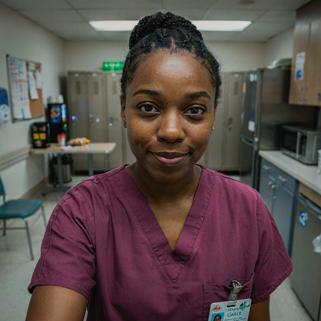 Break room scrubs selfie of a female nurse before headshot generation