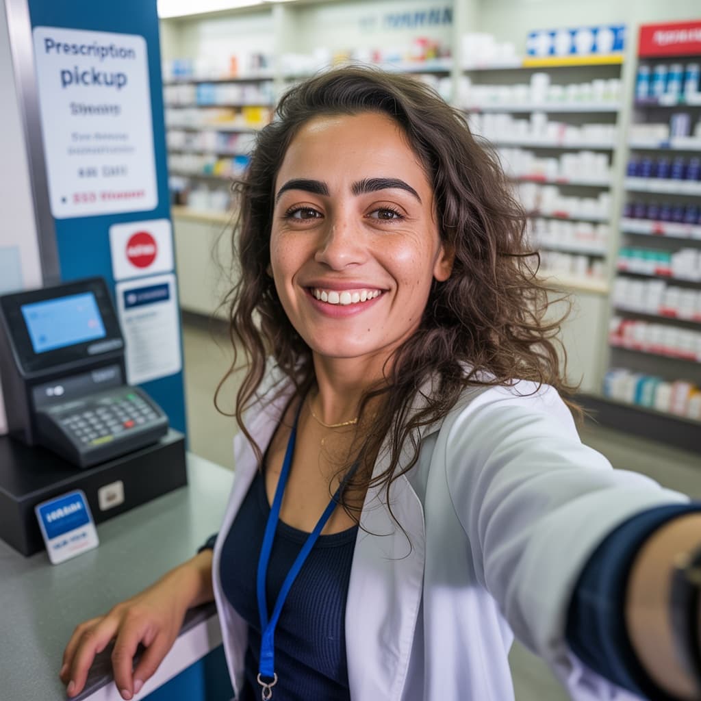 Pharmacy counter selfie of a female pharmacist before headshot generation