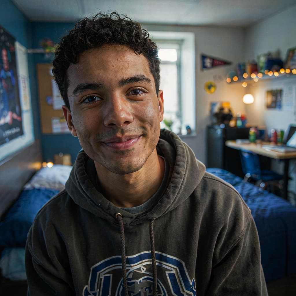 Dorm room selfie of a male student before headshot generation