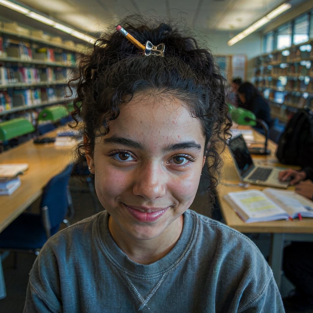 Campus library selfie of a female student before headshot generation