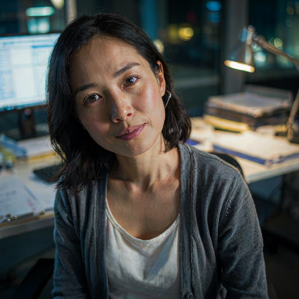 Late-night desk selfie of a female accountant before CPA headshot generation