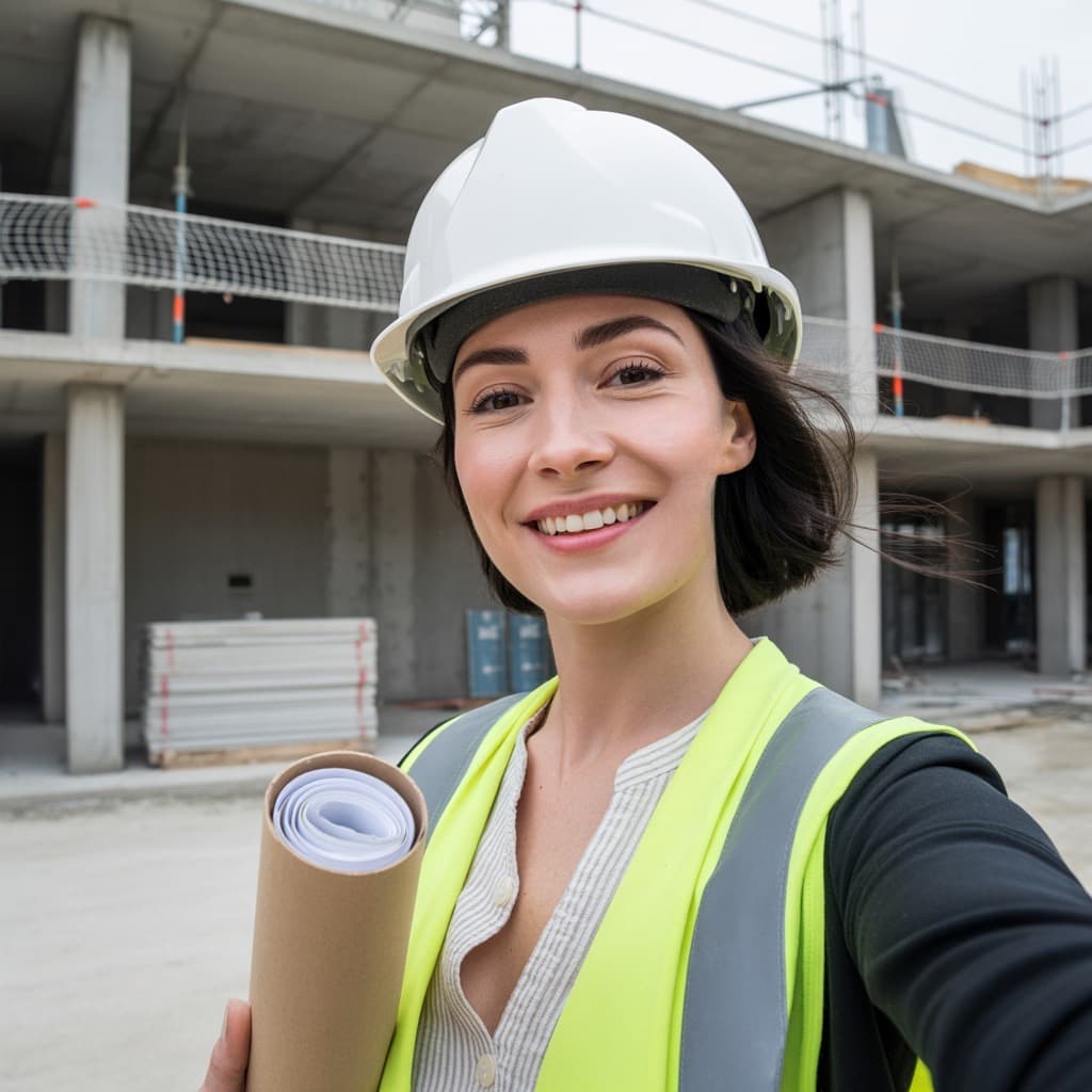 Construction site selfie of a female architect in a hard hat before headshot generation