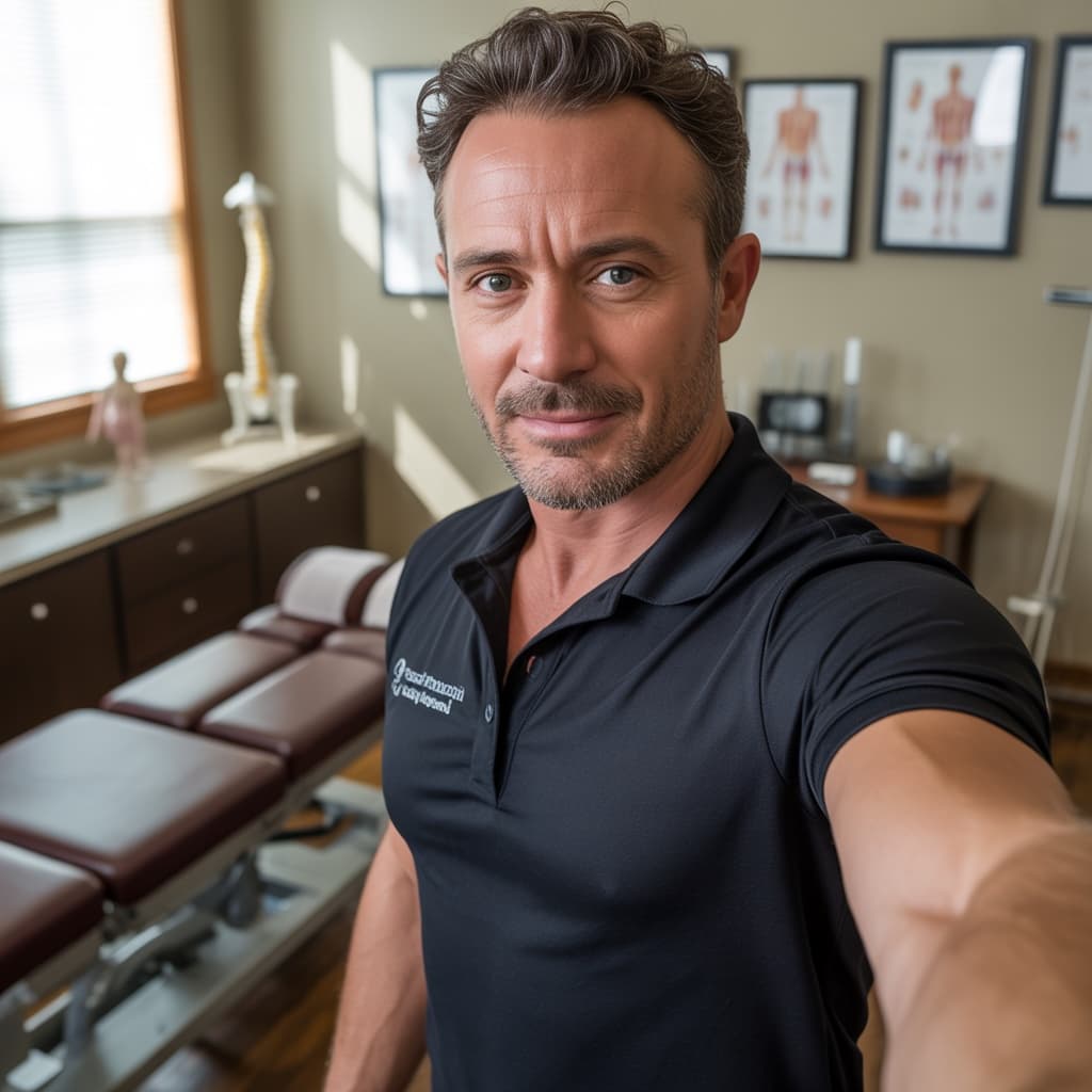 Treatment room selfie of a male chiropractor in a polo shirt before headshot generation