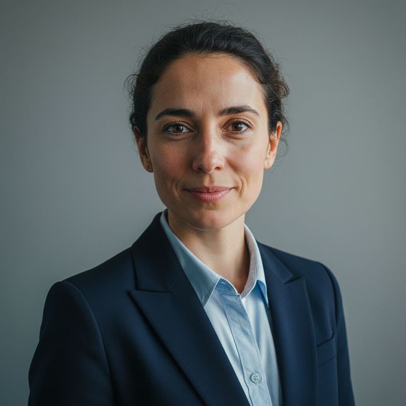 Consulting professional headshot example: woman in a blazer with a soft office background