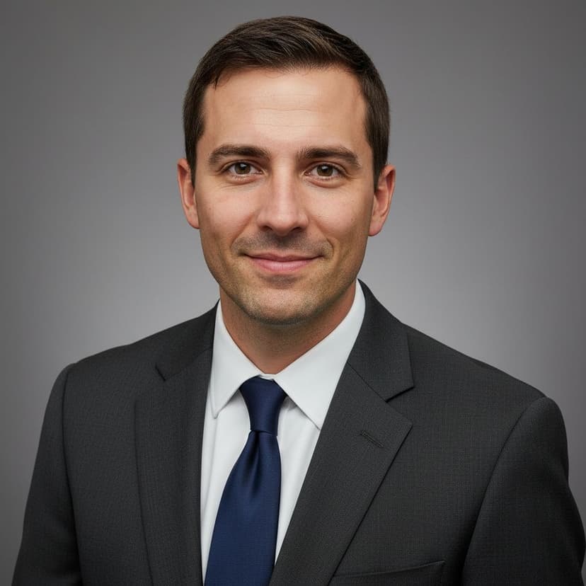 Corporate professional headshot example: man in a dark suit on a gray background