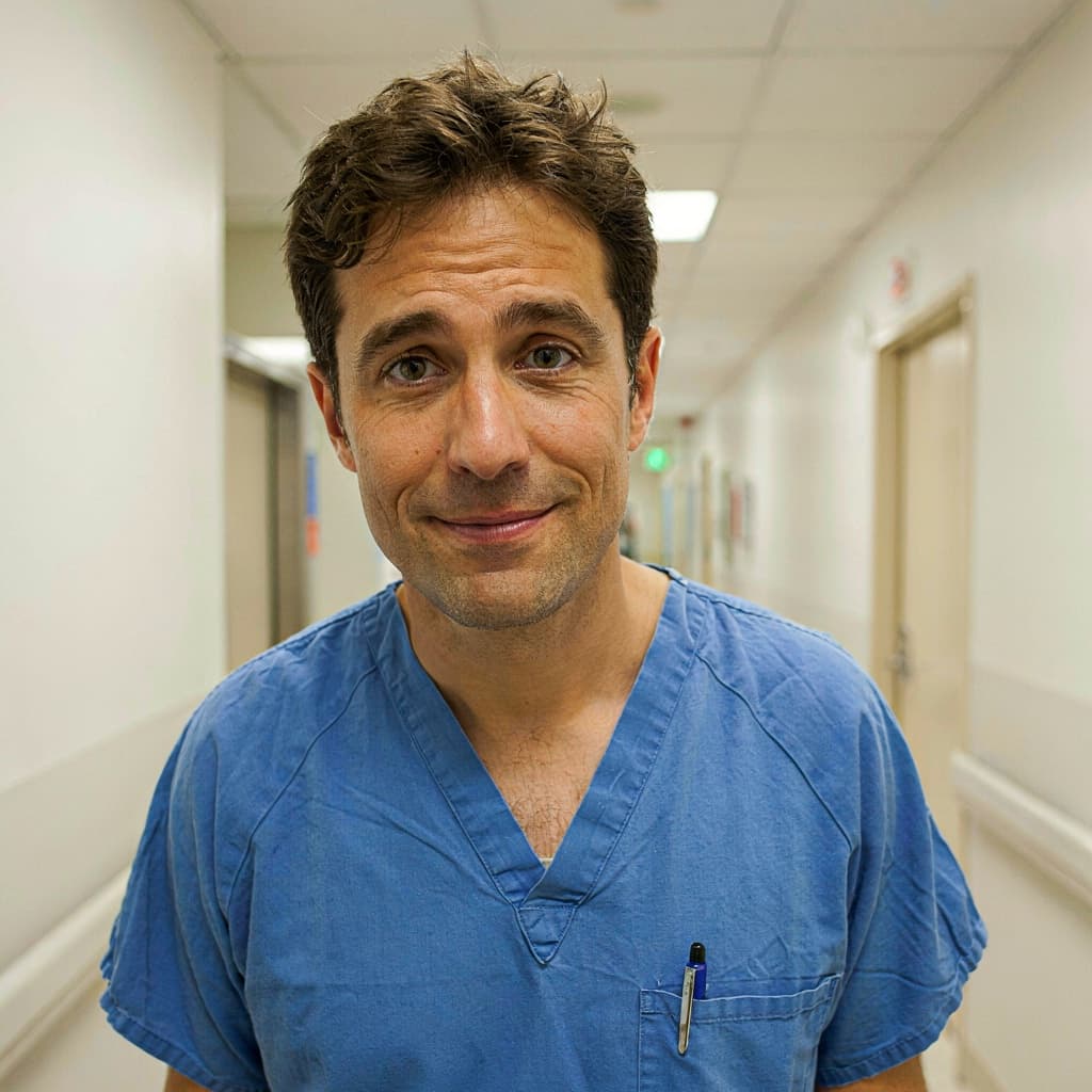 Scrubs selfie of a male doctor in a hospital hallway before headshot generation