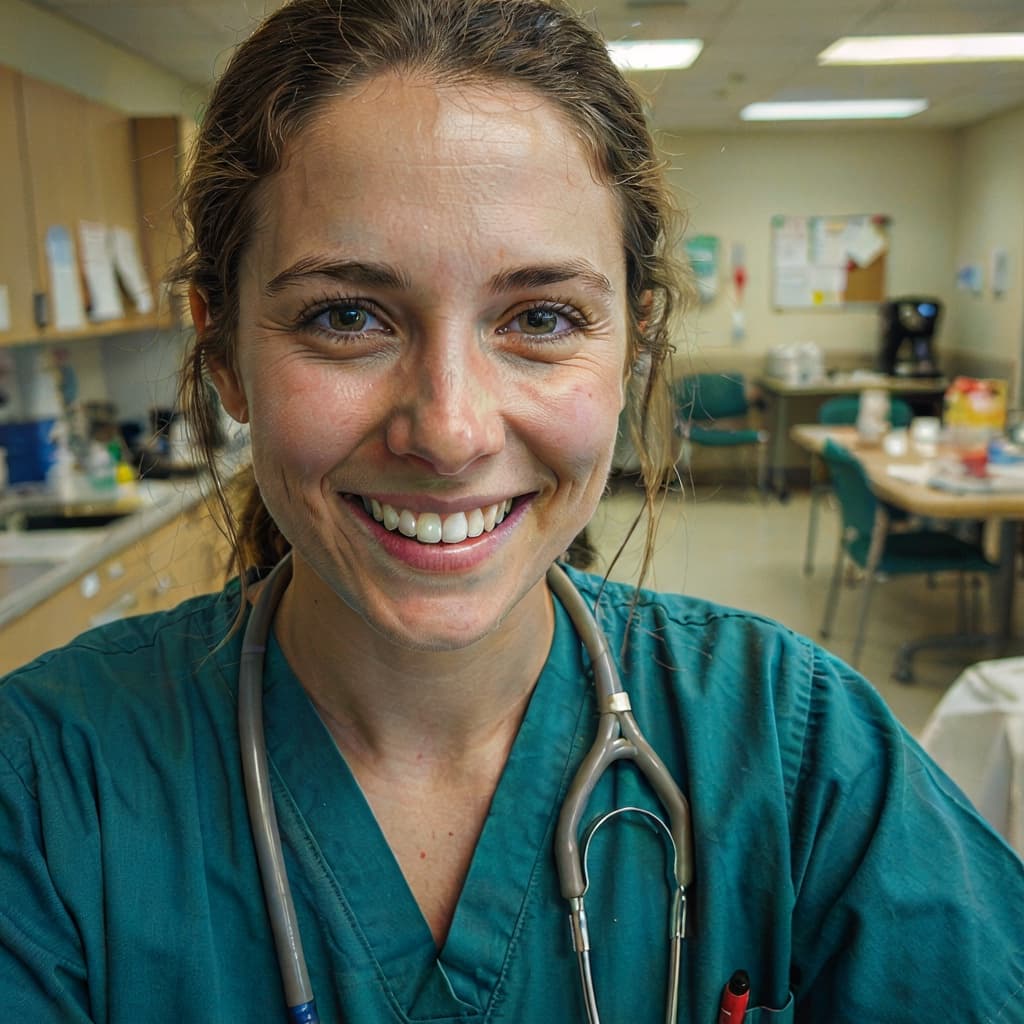 Scrubs selfie of a female doctor in a hospital before headshot generation