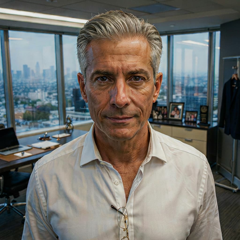 Corner office selfie of a male executive before headshot generation