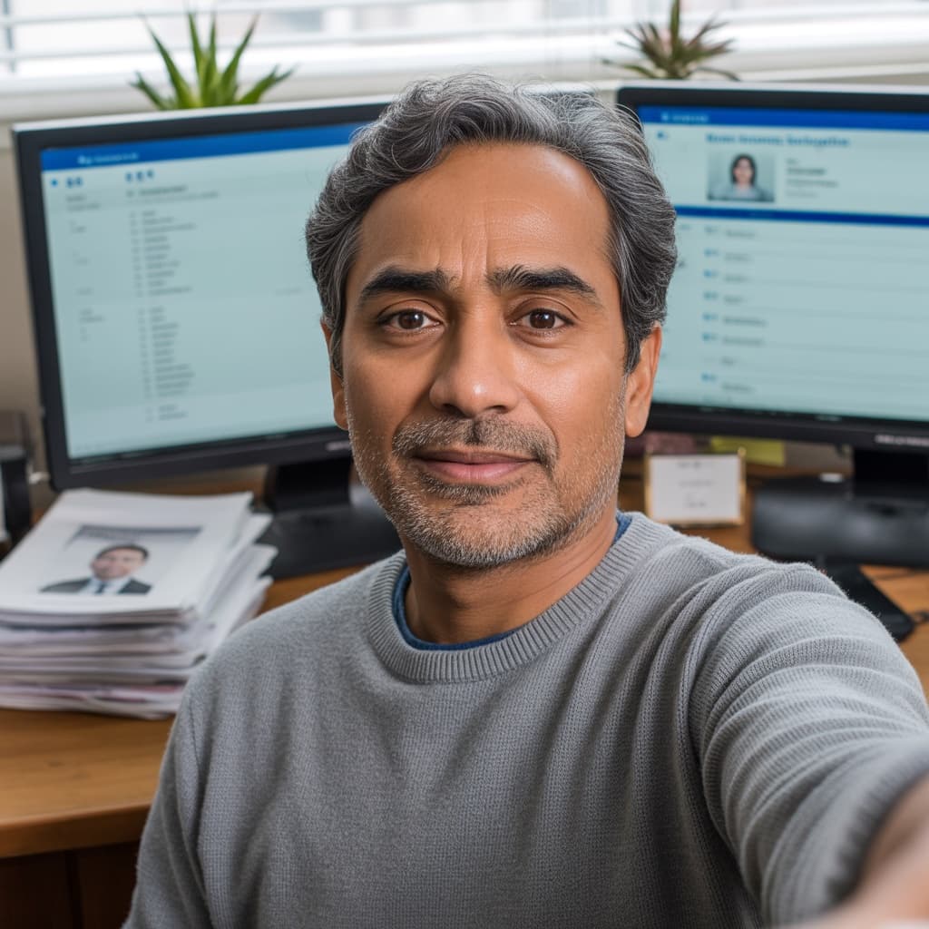 Office desk selfie of a male HR professional before headshot generation