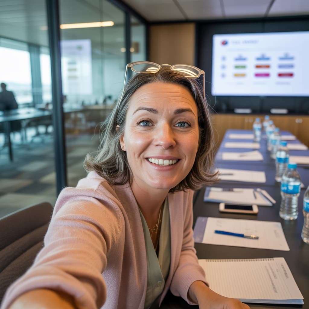 Meeting room selfie of a female HR manager before headshot generation