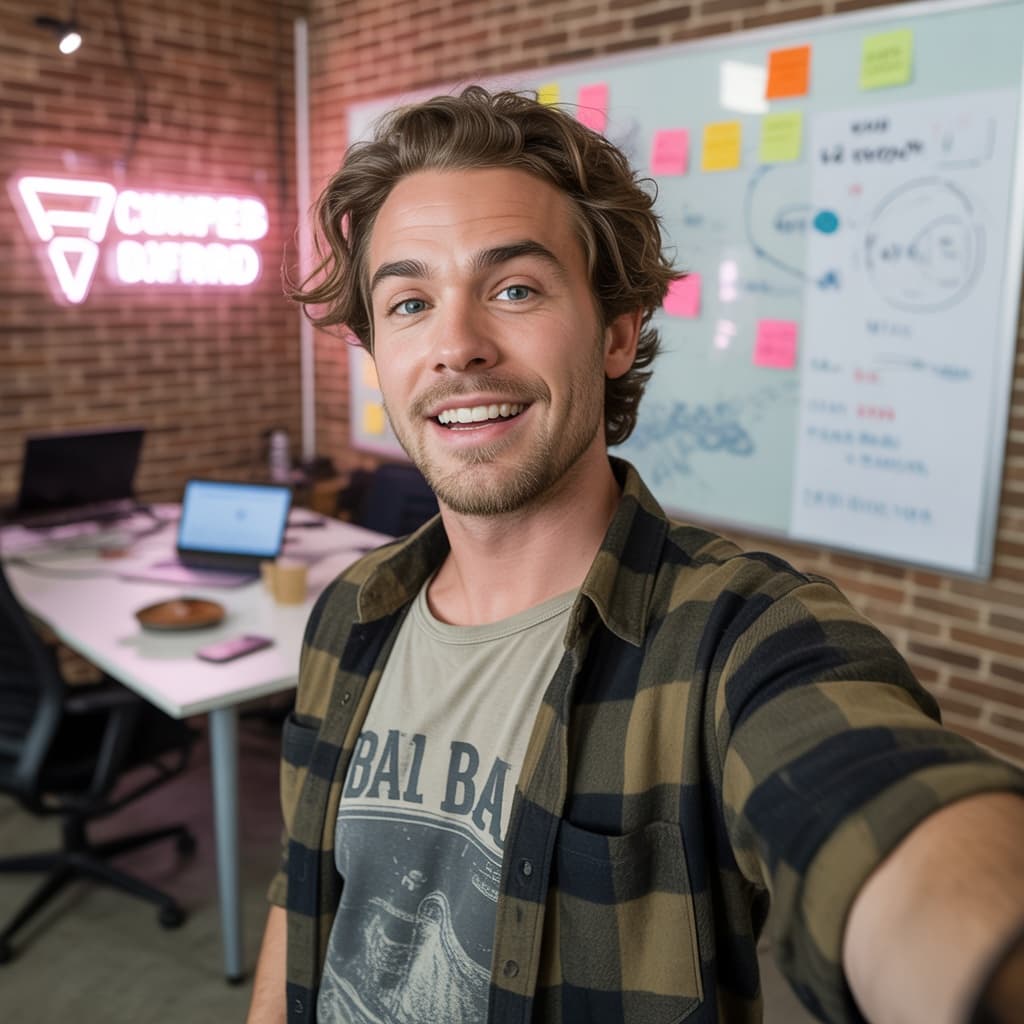 Startup office selfie of a male marketer before headshot generation