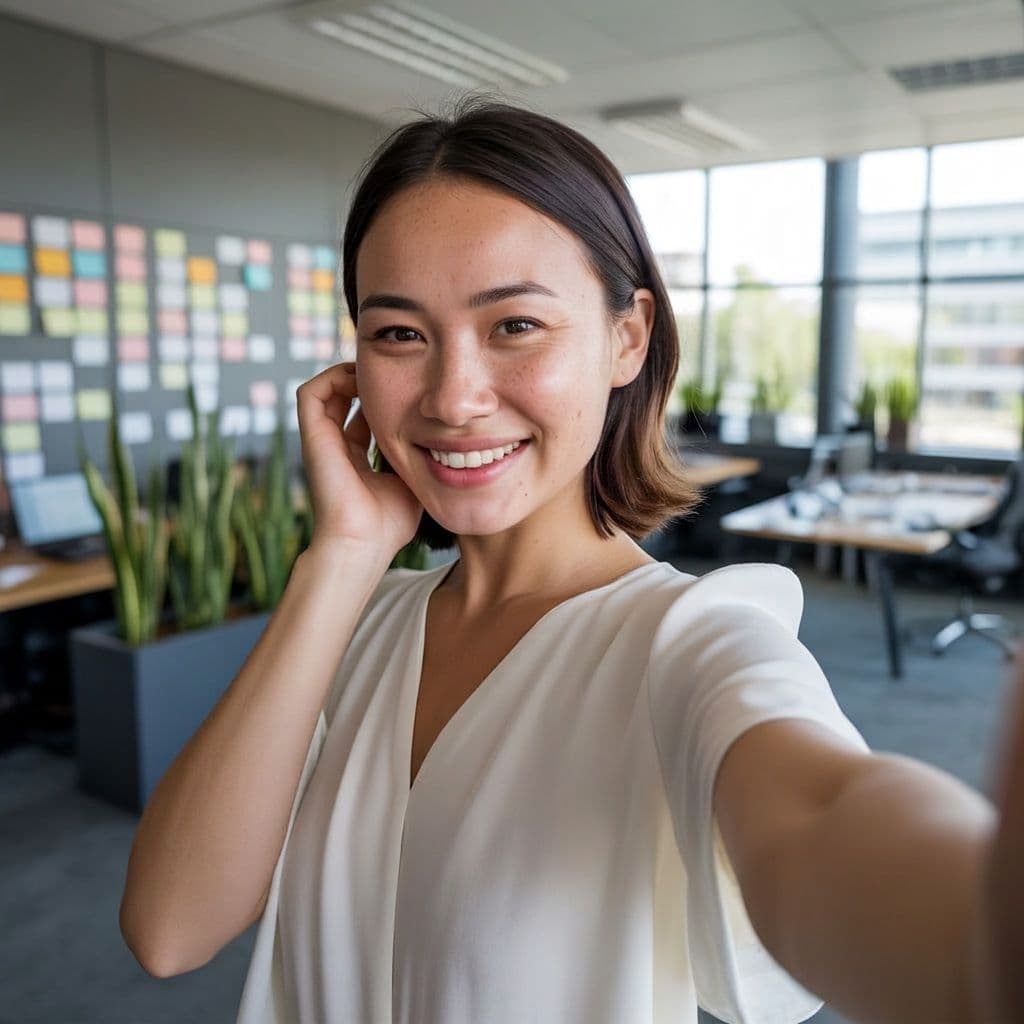 Standing desk selfie of a female product manager before headshot generation