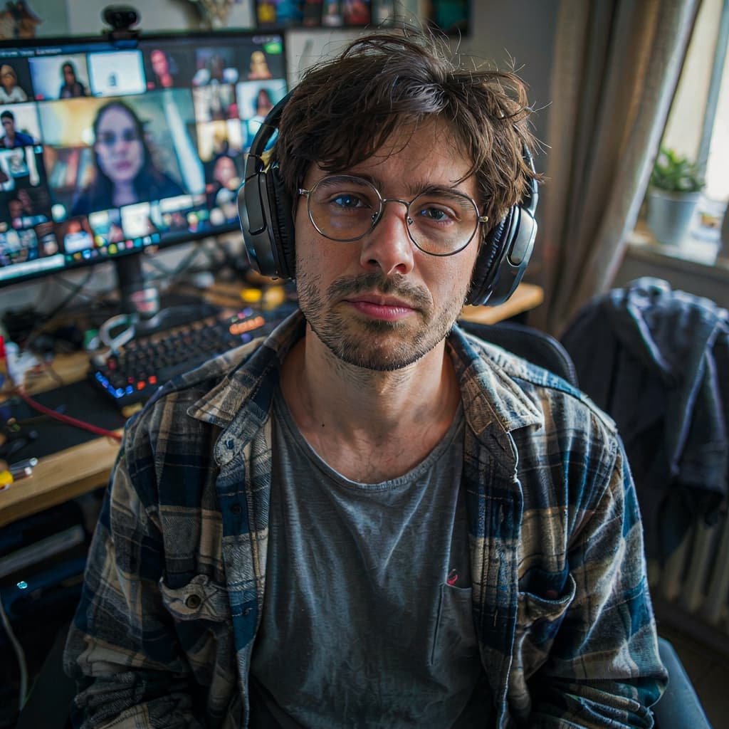 Home desk webcam-style selfie of a male remote worker before headshot generation