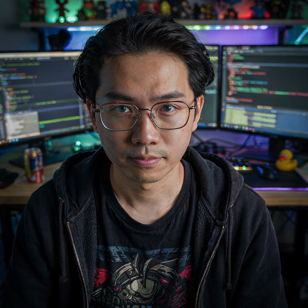 Multi-monitor desk selfie of a male developer before headshot generation