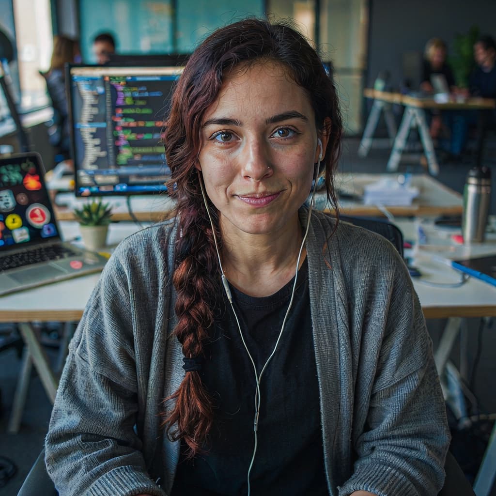 Tech office selfie of a female software engineer before headshot generation