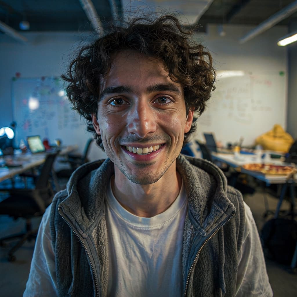 Late-night office selfie of a male startup founder before headshot generation