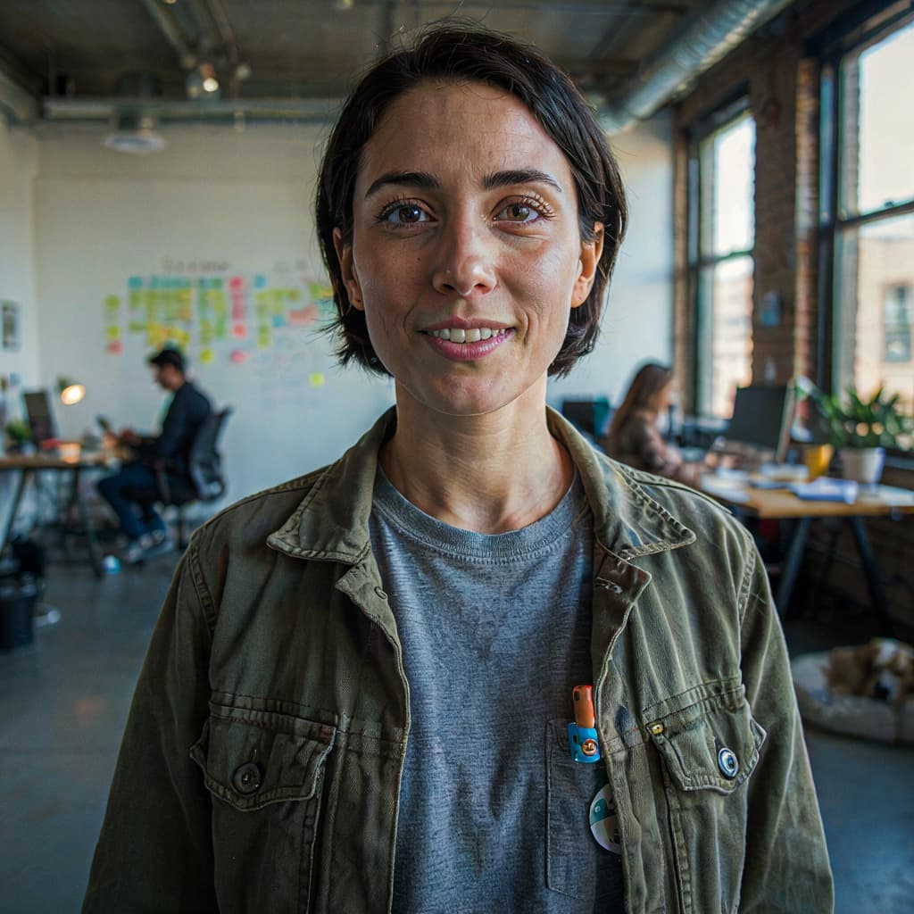 Loft office selfie of a female startup founder before headshot generation