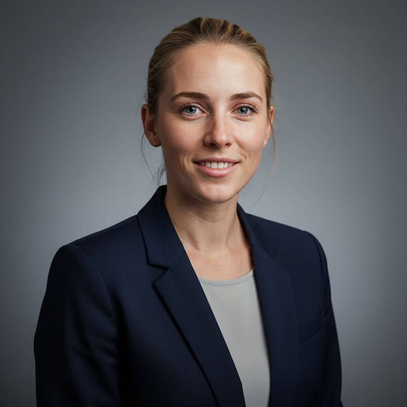 Consistent professional staff headshot of a woman in a blazer on the same gray background